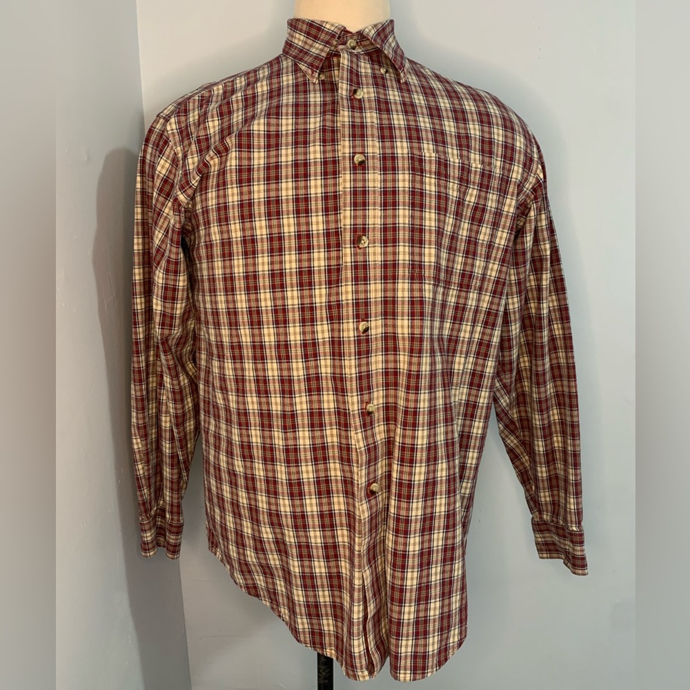 L.L. BEAN Men's Long Sleeve Red white blue plaid Button Down Shirt Medium